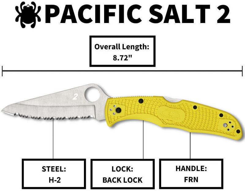 Spyderco C91SYL2 Pacific Salt 2 Yellow FRN Serrated Edge Satin H2 Folding Knife
