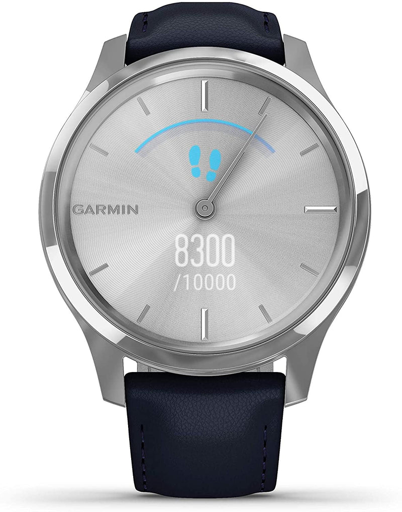 Garmin Vivomove 3 Luxe, Hybrid Smartwatch with Included Wearable4U Ultimate Black Earbuds with Charging PowerBank Case Bundle (Navy/Silver, Leather)