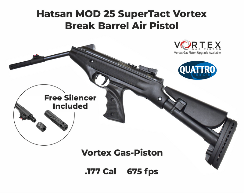 Hatsan MOD 25 SuperTact Vortex Break Barrel .177 Caliber Air Pistol with Wearable4U .177 cal 500ct Pellets and 100x Paper Targets Bundle