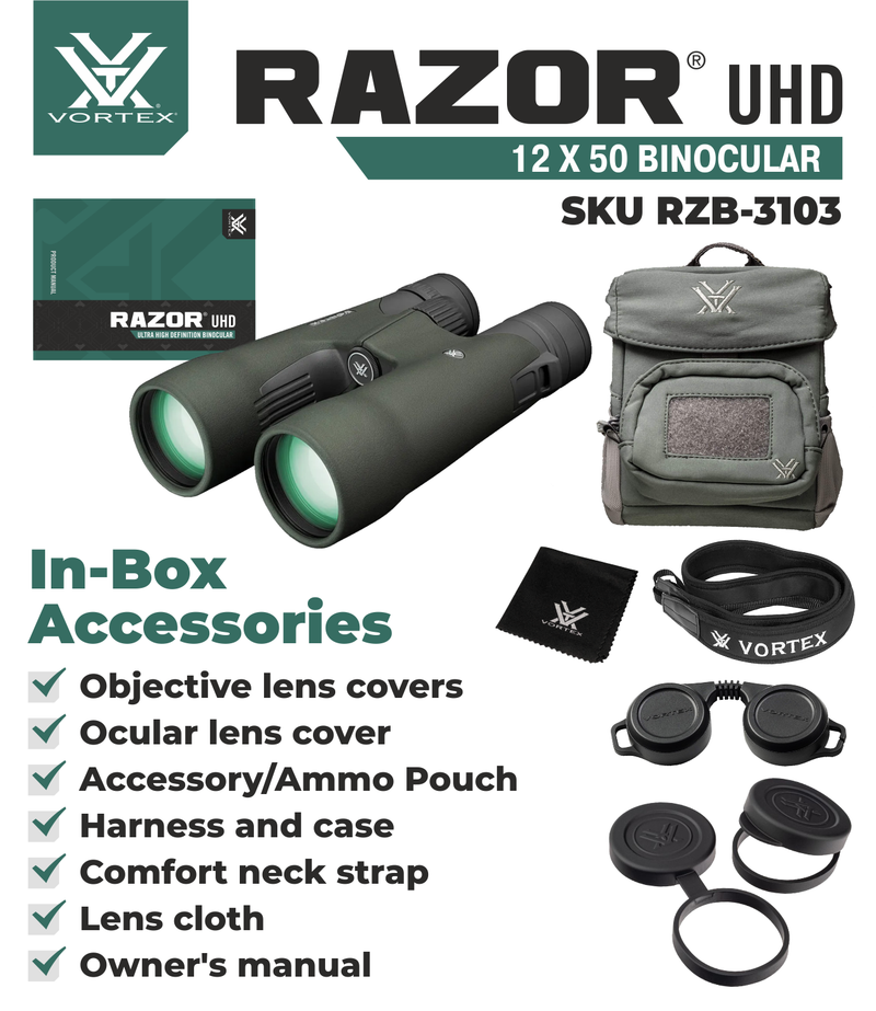 Vortex Optics Razor UHD 12x50 Binocular RZB-3103 with Free Hat and Wearable4U Bundle