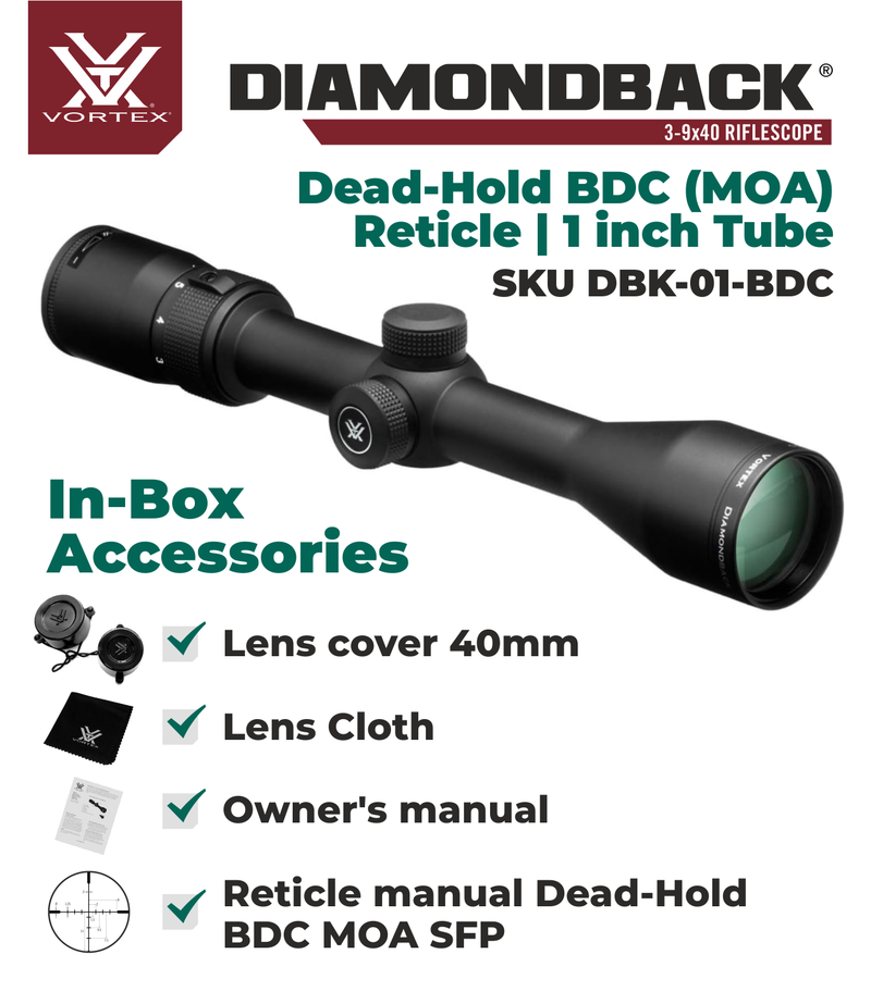 Vortex Optics Diamondback 3-9x40 Dead-Hold BDC (MOA) Reticle, 1 inch Tube Riflescope with Hat and  Rings Bundle