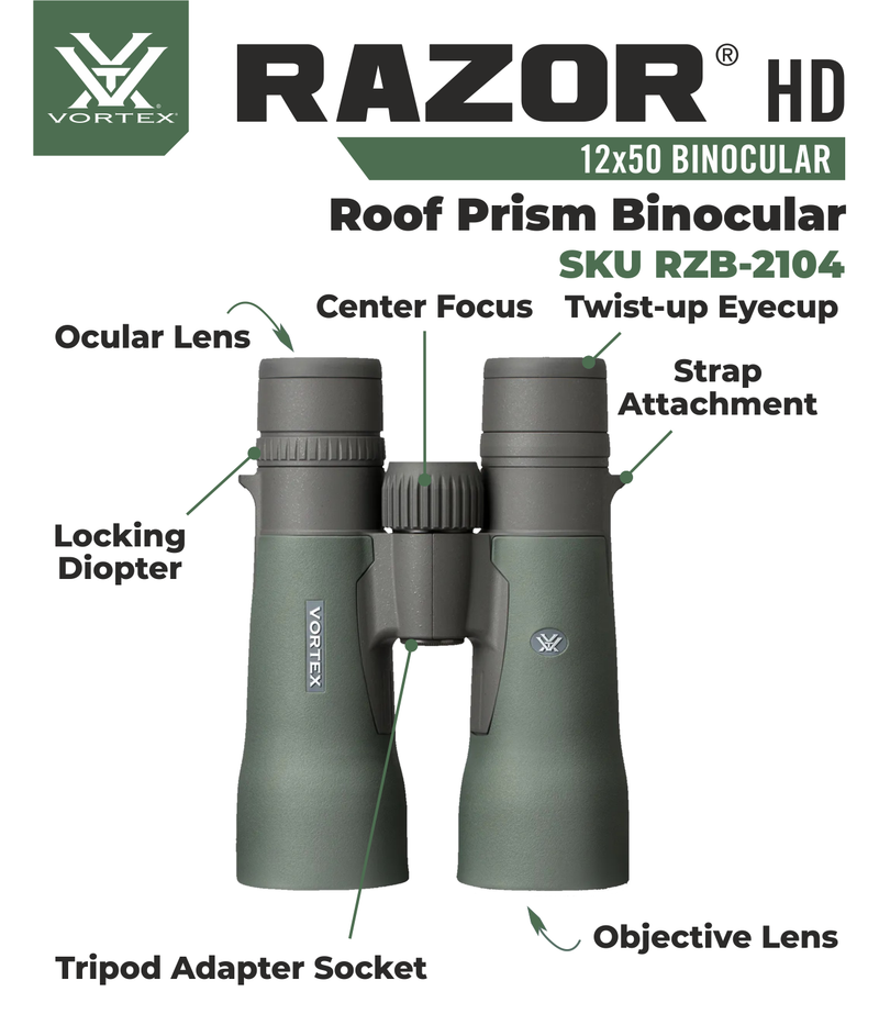Vortex Optics Razor HD 12x50 Roof Prism Binocular RZB-2104 with Free Hat and Wearable4U Bundle