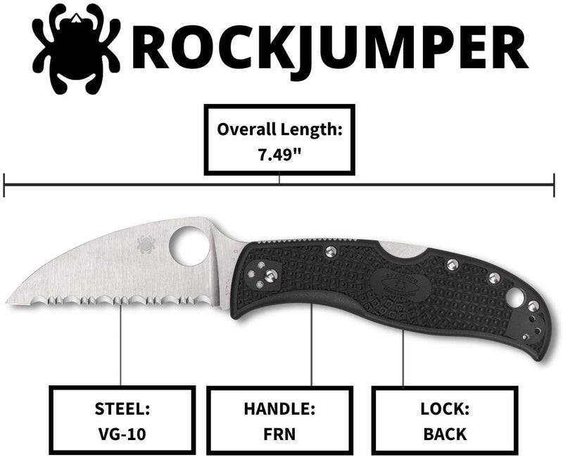 Spyderco RockJumper Lightweight SerratedEdge Folding Knife with 3.08" VG-10 Steel Wharncliffe Blade and Black Handle (C254SBK)