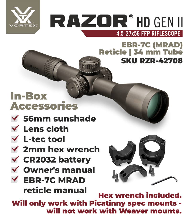 Vortex Optics Razor HD Gen II 4.5-27x56 FFP Riflescope EBR-7C (MRAD), 34mm Tube with Vortex Optics Free Hat, Black Camo Bundle