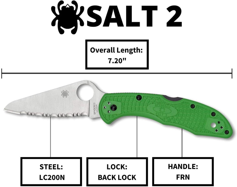 Spyderco C88FSGR2 Salt 2 Green FRN Handle LC200N Serrated Edge Folding Knife
