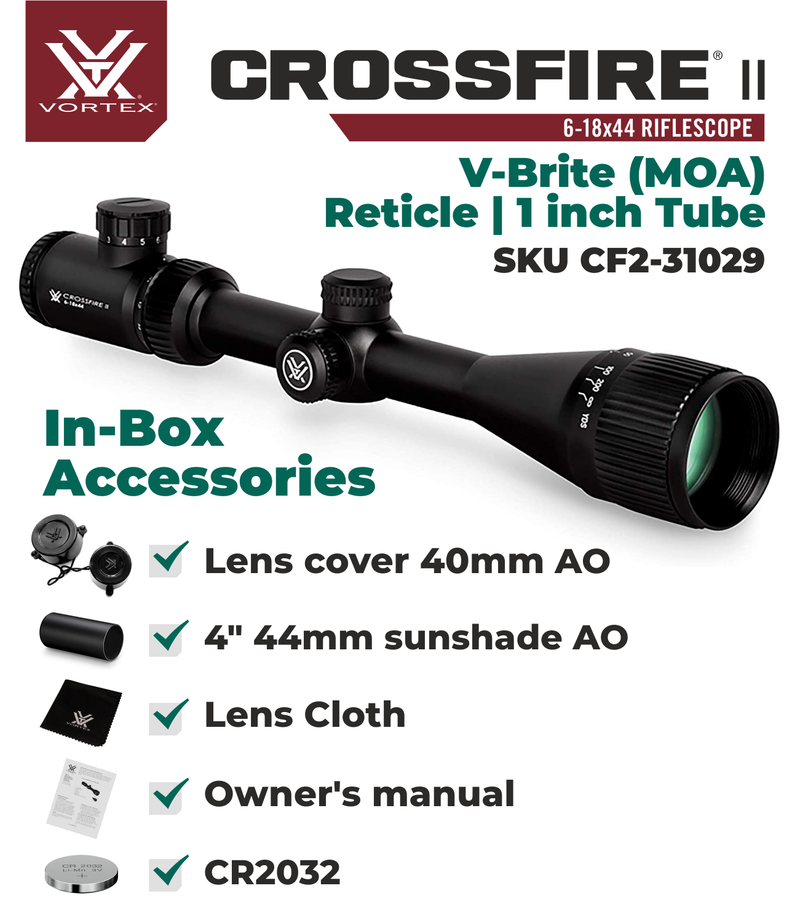 Vortex Optics Crossfire II 6-18X44 AO Riflescope V-Brite (MOA) Reticle, 1 inch Tube with Hat