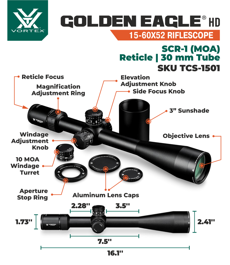 Vortex Optics Golden Eagle HD 15-60x52 SCR-1 MOA Riflescope with Vortex Hat and/or Vortex MountBundle