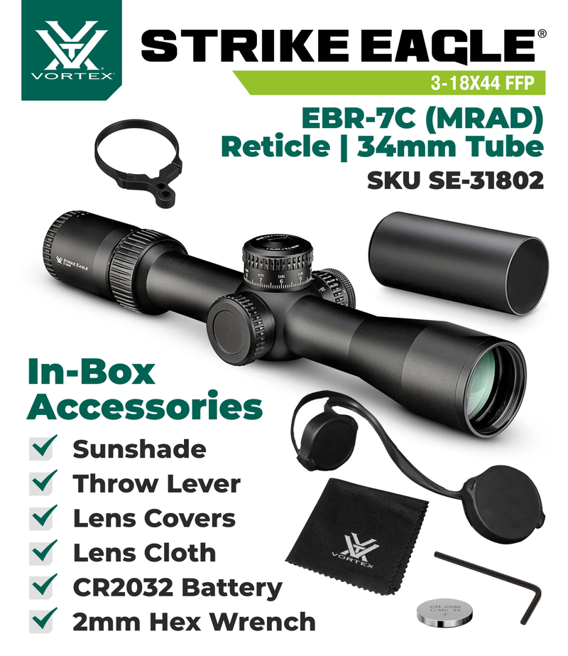 Vortex Optics Strike Eagle 3-18x44 FFP EBR-7C (MRAD) 34mm Tube Riflescope (SE-31802) with Included Bundle