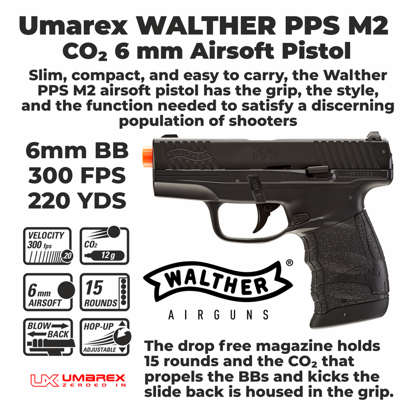 Umarex Walther PPS M2 Blowback CO2 BB Airsoft Pistol (2272817) with 5x CO2 Tanks and Pack of 1000x 6mm BBs and Extra 15rd BB Mag Bundle