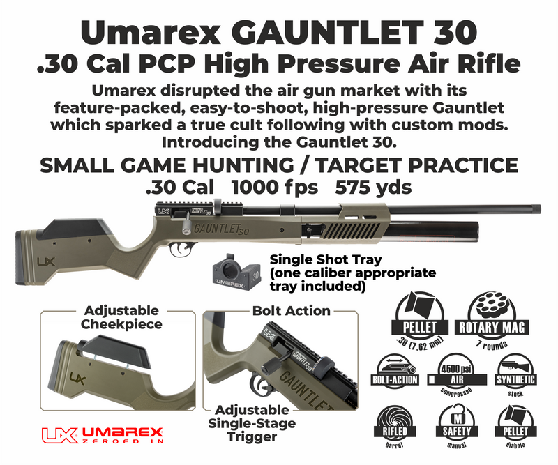 Umarex Gauntlet 2 30 - .30 cal PCP Air Rifle (2254829) with Pack of 100x .30 Pellets and Extra Mag Bundle