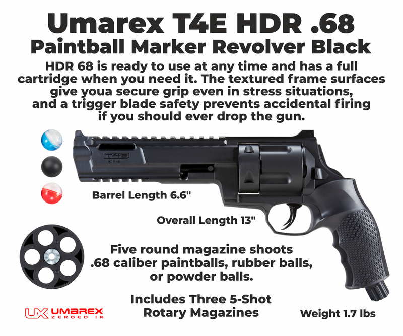 Umarex HDR Paintball Marker Revolver .68 Cal Black (2292138) with Included Wearable4U Bundle
