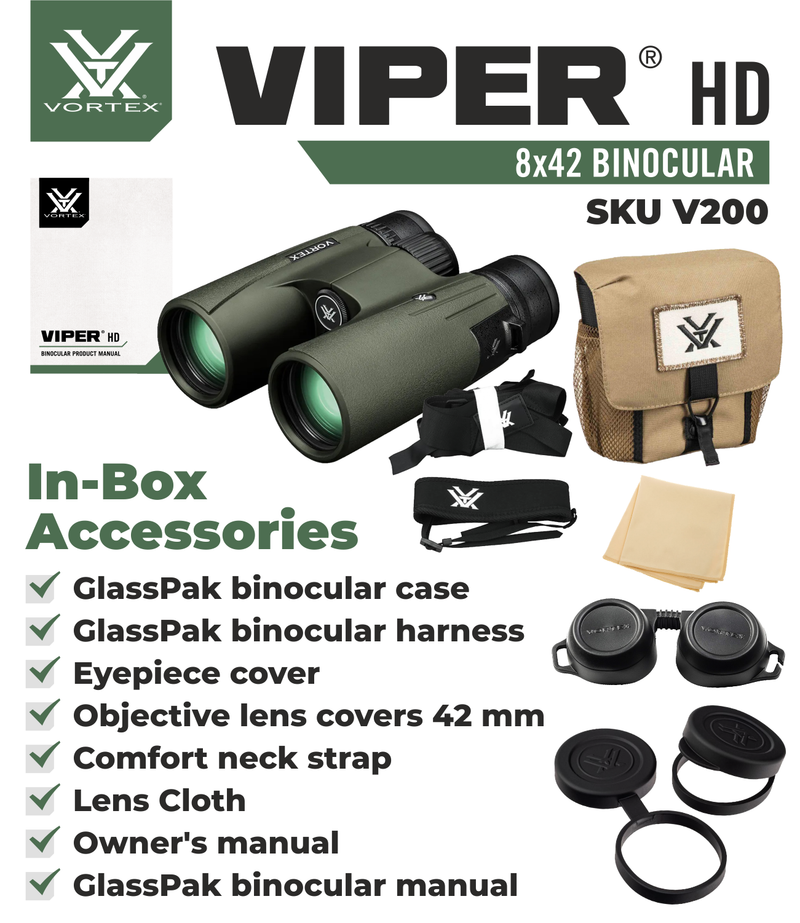 Vortex Optics Viper HD 8x42 Roof Prism Binocular V200 with Free Hat and Wearable4U Bundle