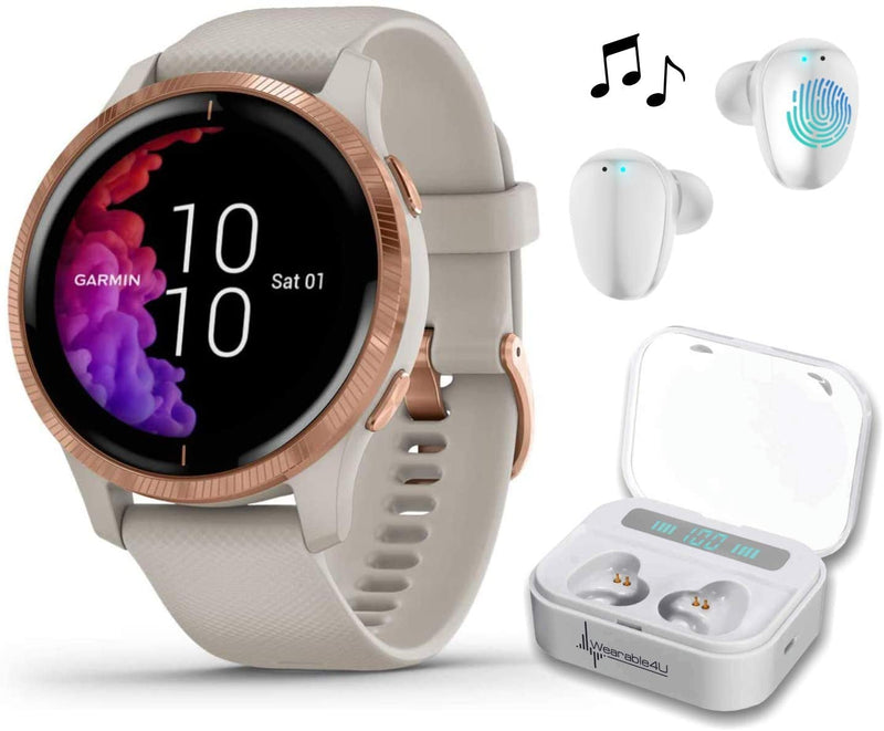 Garmin Venu GPS Smartwatch with AMOLED Display and Wearable4U Ultimate White EarBuds with Charging Power Bank Case Bundle (Light Sand/Rose Gold)