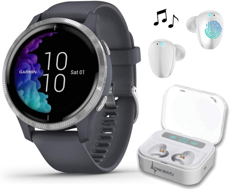 Garmin Venu GPS Smartwatch with AMOLED Display and Wearable4U Ultimate White EarBuds with Charging Power Bank Case Bundle (Granite Blue/Silver)