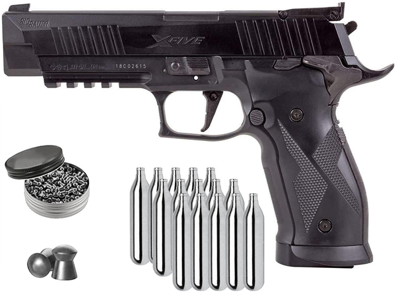 Sig Sauer X-Five CO2 .177 Caliber Pellet Air Pistol, 20 round, Black (AIR-X5-177-BLK) with Included Bundle