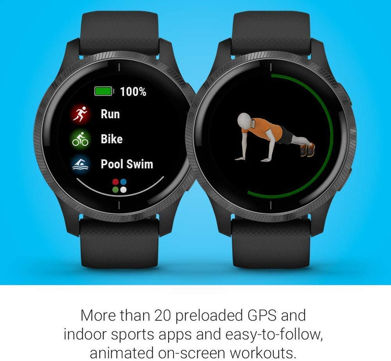 Garmin Venu GPS Smartwatch with AMOLED Display and Wearable4U Ultimate Black EarBuds with Charging Power Bank Case Bundle (Black/Slate)