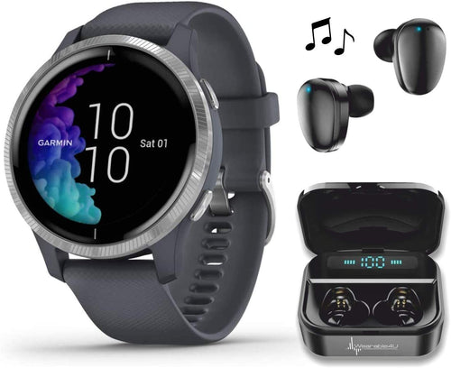 Garmin Venu GPS Smartwatch with AMOLED Display and Wearable4U Ultimate Black EarBuds with Charging Power Bank Case Bundle (Granite Blue/Silver)