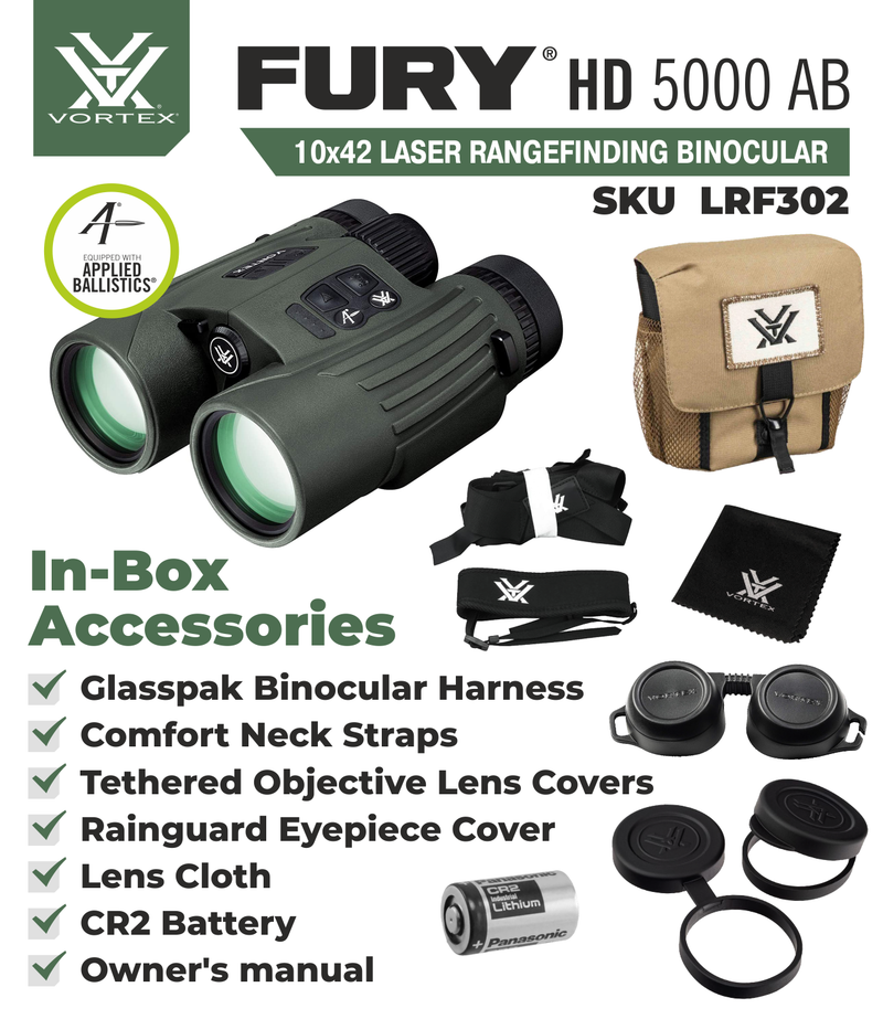 Vortex Optics LRF302 Fury HD 5000 AB 10x42 Applied Ballistics Laser Rangefinding Binocular with Free Hat Bundle