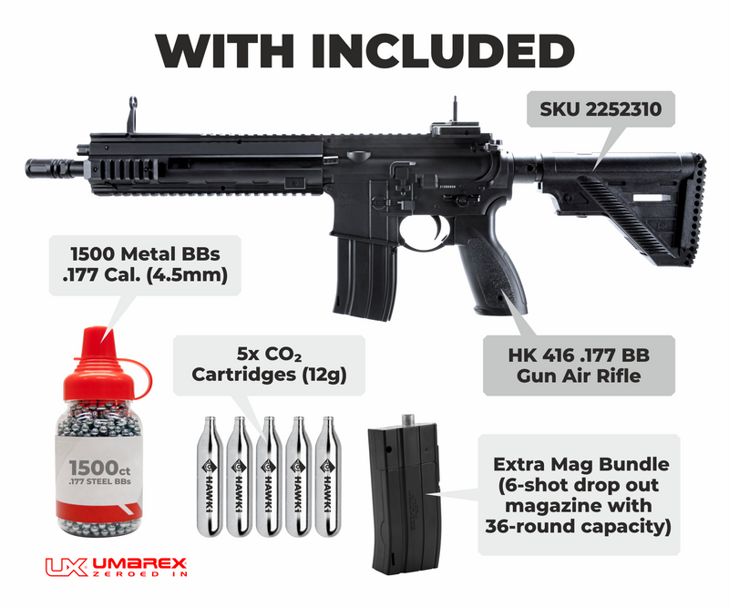 Umarex HK Heckler & Koch HK416 .177 Caliber CO2 BB Air Rifle (2252310) with Pack of 1500 BBs and 5x CO2 Cylinders and Extra Mag Bundle