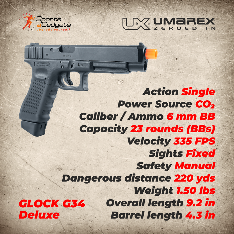 Umarex Glock G34 Gen4 C02 Blowback Deluxe (VFC) Airsoft Pistol BB Air Soft Gun with 5x 12gr CO2 Tanks and Wearable4U Pack of 1000 6mm 0.20g BBs Bundle