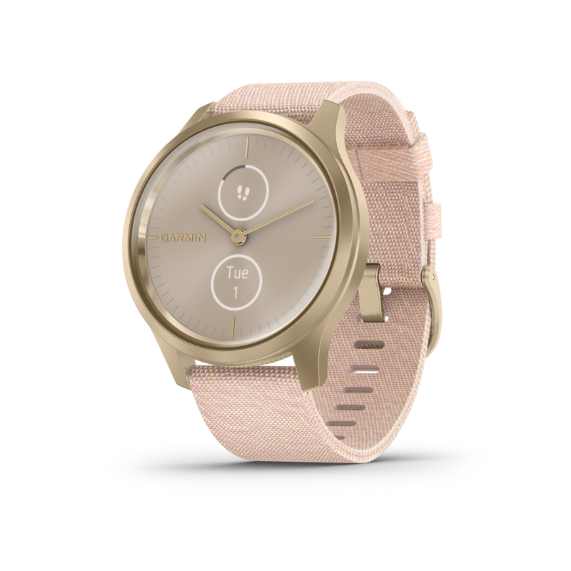 Garmin Vivomove 3 Style, Hybrid Smartwatch with Black Earbuds Bundle (Blush Pink/Gold, Nylon)
