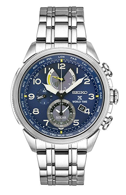 Seiko Men's Prospex World Time Solar Silvertone Watch with Blue Dial
