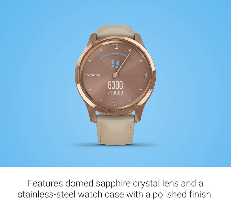 Garmin vívomove Luxe, Hybrid Smartwatch with Real Watch Hands and Hidden Color Touchscreen Displays, Rose Gold with Light Sand Leather Band