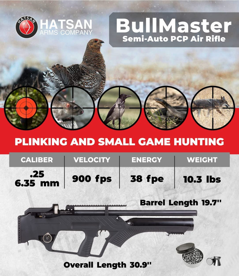 Hatsan BullMaster Semi-Auto PCP .25 Cal Air Rifle with Included Wearable4U 100x Paper Targets and 150x .25cal Lead Pellets Bundle