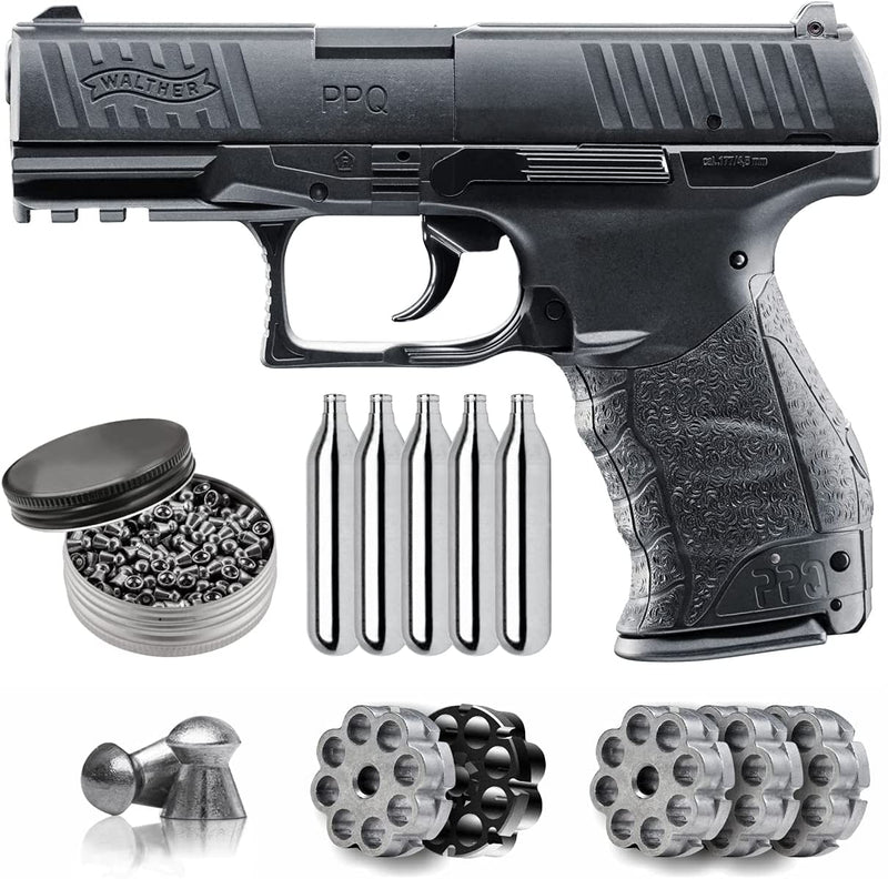 Umarex Walther PPQ .177 Cal Air Pistol with 5x12g CO2 and 3x Spare Pellets Mag and Wearable4U Pack of 500 .177 Pellets Bundle