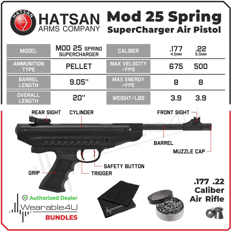 Hatsan Mod 25 Spring SuperCharger .22 Caliber Air Pistol with included Pack of 250 Pellets Bundle (Pellets Caliber/Weight .22/12.96 Grains)