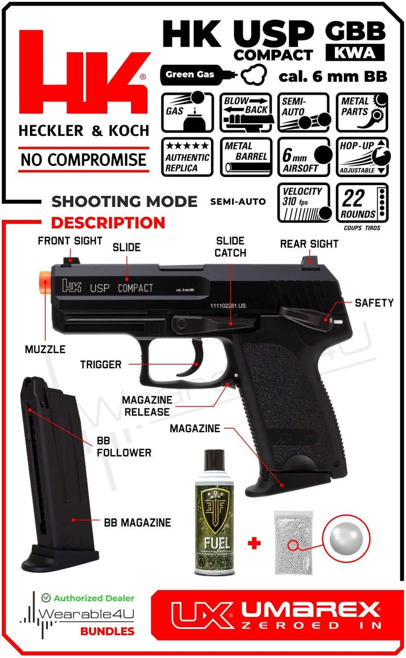 Umarex H&K USP Compact GBB Airsoft Pistol with Green Gas and Extra 22rds Mag and Wearable4U Pack of 1000 6mm BBs Bundle