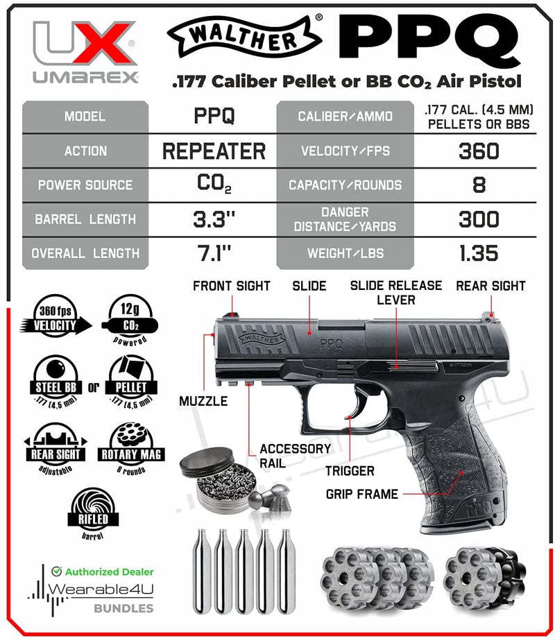 Umarex Walther PPQ .177 Cal Air Pistol with 5x12g CO2 and 3x Spare Pellets Mag and Wearable4U Pack of 500 .177 Pellets Bundle