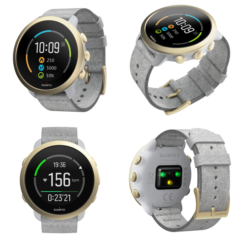 Suunto 3 Multisport Watch with Heart Rate Monitor, Pebble White Light Gold with Wearable4U EarBuds Power Bundle