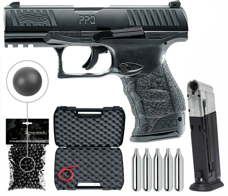 Umarex T4E Walther PPQ M2 CO2 .43 Cal Paintball Pistol Black with Pack of 100x Rubber Balls (Black) and 5x12gr CO2 Tank and Extra Mag Bundle