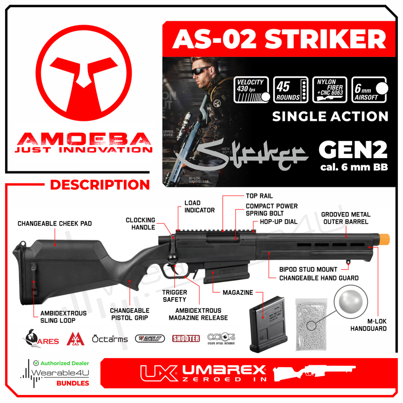Umarex Amoeba Airsoft Rifle Gun Striker As-02 6mm BB (Gen2) with Wearable4U Bundle