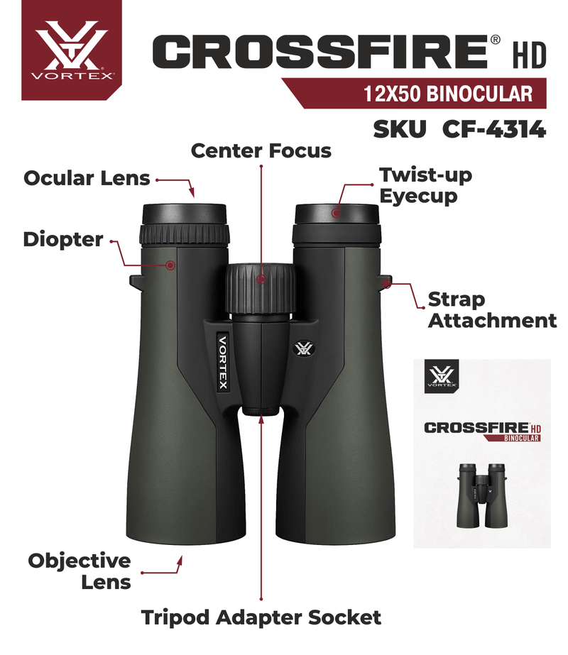 Vortex Optics Crossfire HD 12x50 Green Binocular CF-4314 with Free Hat Bundle