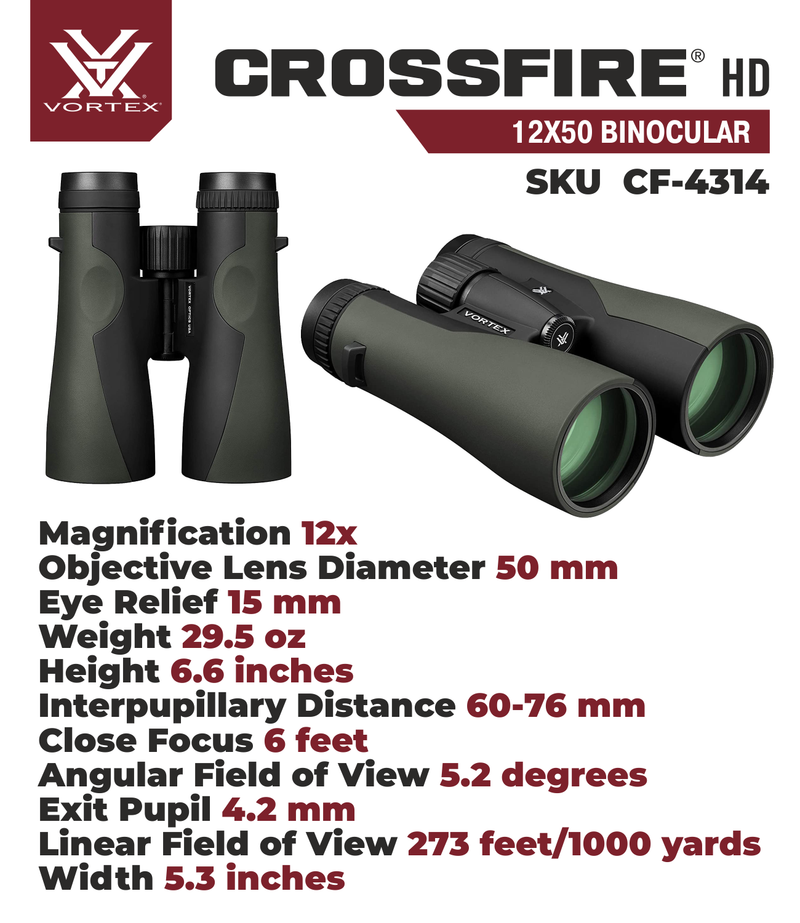 Vortex Optics Crossfire HD 12x50 Green Binocular CF-4314 with Free Hat Bundle