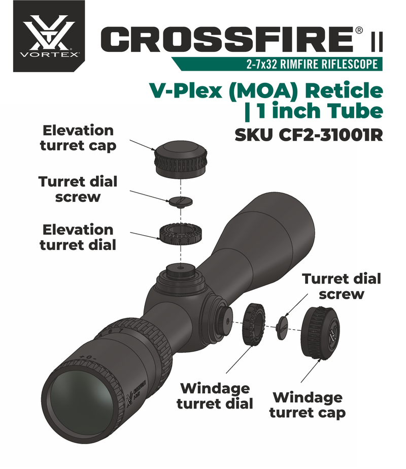 Vortex Optics Crossfire II Rimfire 2-7X32 V-Plex (MOA) Reticle, Second Focal Plane, 1-inch Tube Riflescope