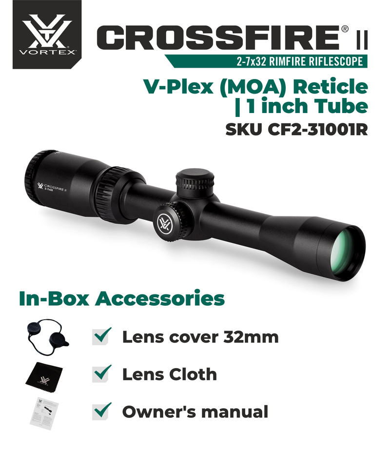 Vortex Optics Crossfire II Rimfire 2-7X32 V-Plex (MOA) Reticle, Second Focal Plane, 1-inch Tube Riflescope