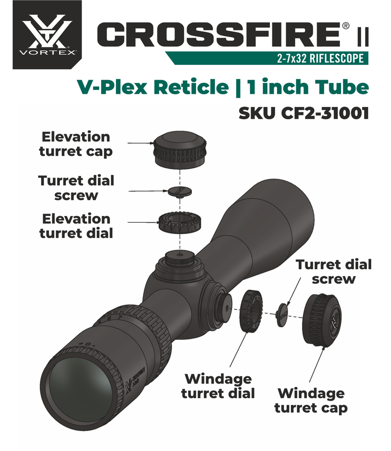 Vortex Optics Crossfire II 2-7X32 V-Plex (MOA) Reticle, Second Focal Plane, 1-inch Tube Riflescope with Vortex Optics Hunter Riflescope Rings, 1 inch - Medium
