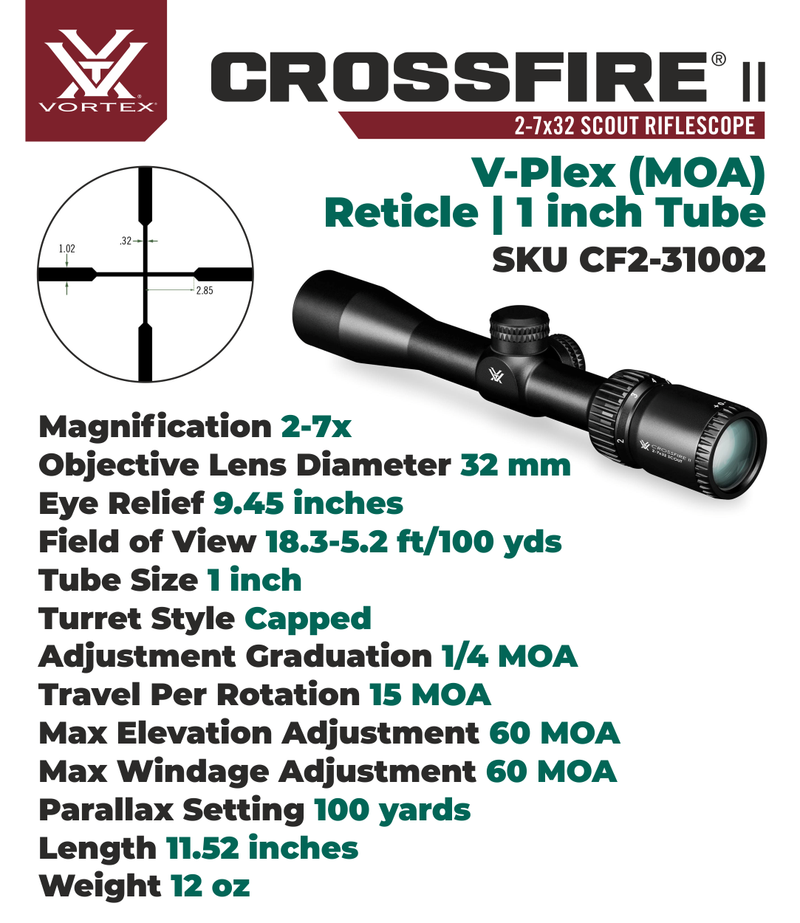 Vortex Optics Crossfire II 2-7x32 Scout1-inch Tube Riflescope V-Plex Reticle