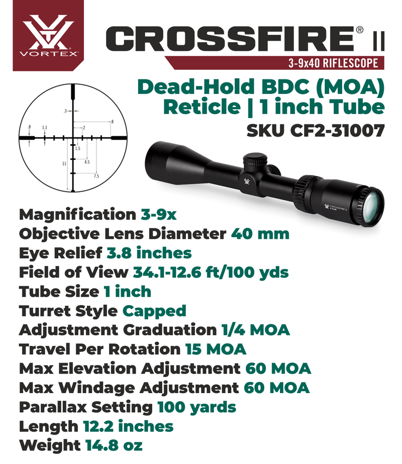 Vortex Optics Crossfire II Dead Hold BDC Reticle Riflescope, 3-9x40, 1in Tube Black (CF2-31007) w/W4U Bundle