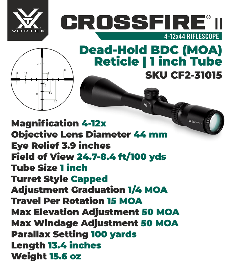 Vortex Optics Crossfire II 4-12x44 Riflescope Dead-Hold BDC (MOA) Reticle, 1 inch Tube with Wearable4U Bundle