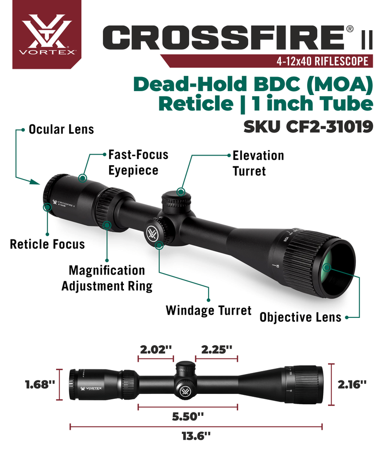 Vortex Optics Crossfire II 4-12X40 AO 1-inch Tube Riflescope Dead-Hold BDC (MOA) Reticle with Wearable4U Bundle