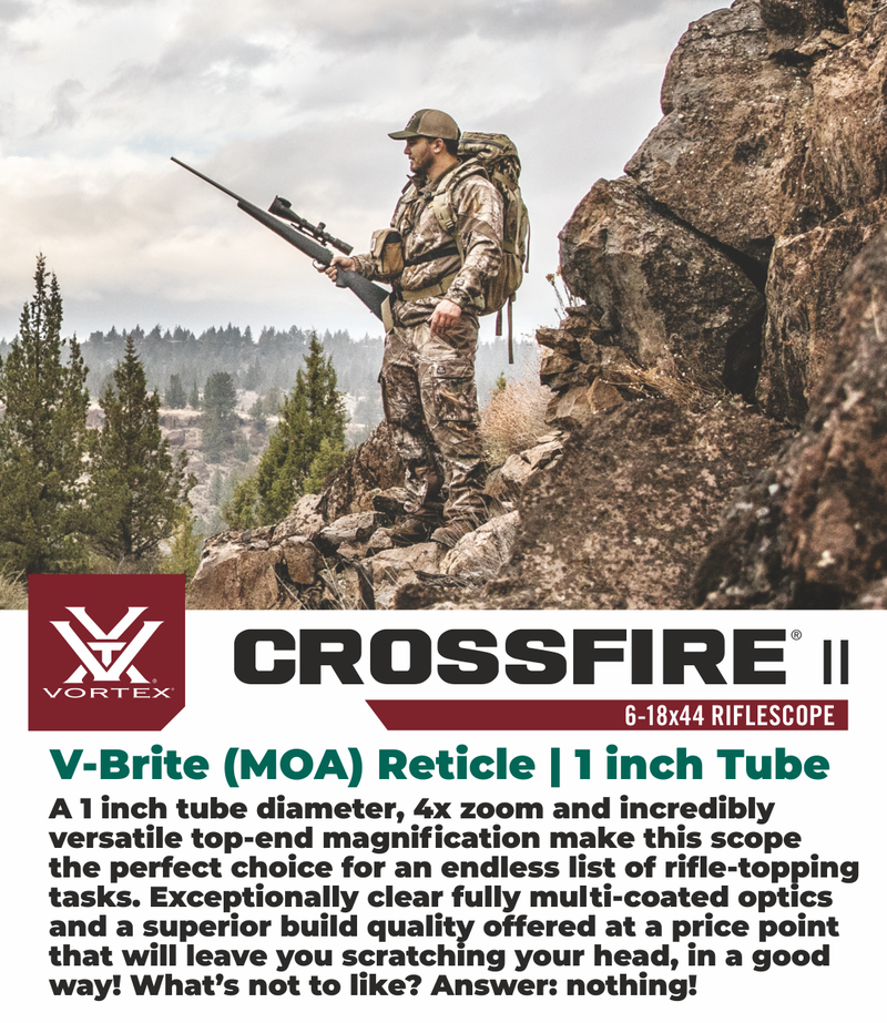 Vortex Optics Crossfire II 6-18X44 AO Riflescope V-Brite (MOA) Reticle, 1 inch Tube with Hat