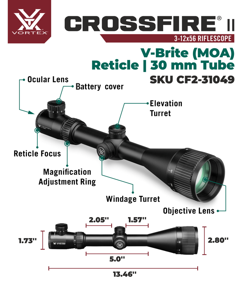 Vortex Optics Crossfire II 3-12X56 AO Riflescope V-Brite (MOA) Reticle, 30 mm Tube with Rings
