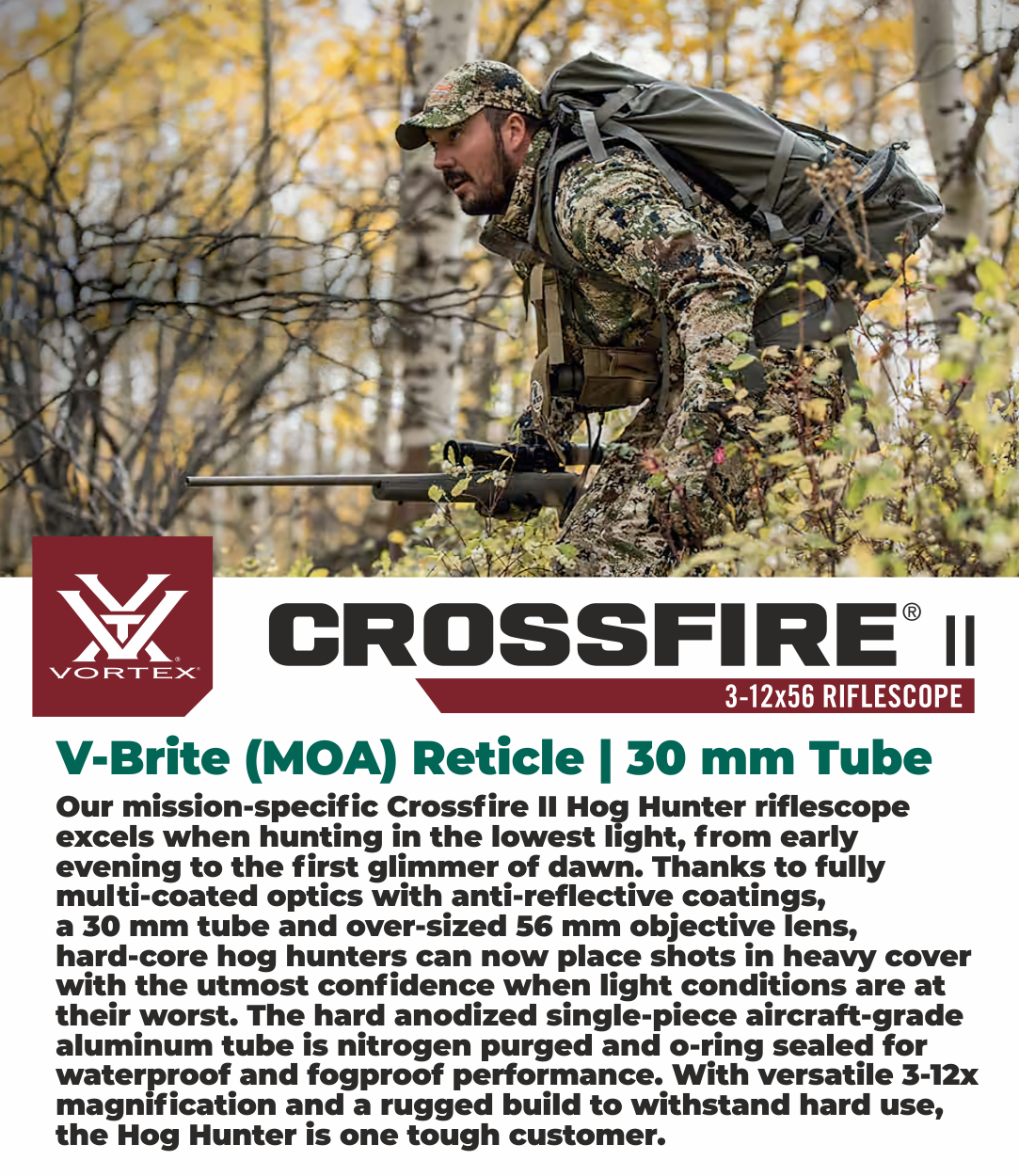 thumbnail image 2 of Vortex Optics Crossfire II 3-12X56 AO Riflescope V-Brite MOA - Bundle With 30mm Rings & Hat, Waterproof Hunting Scope 2 of 5