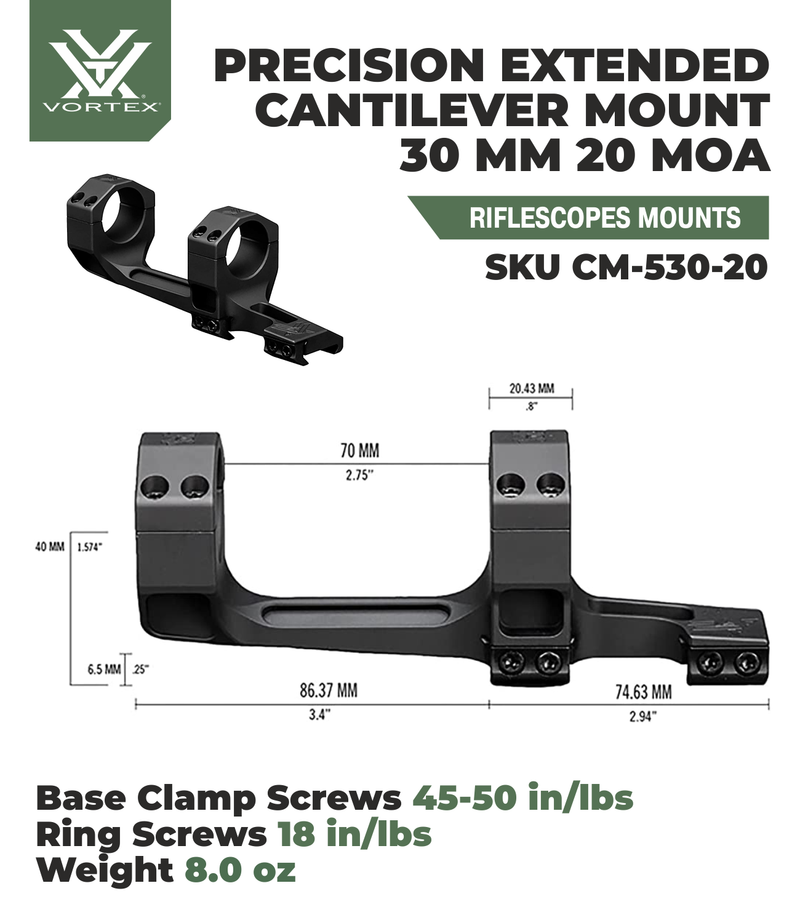 Vortex Optics Precision Extended Cantilever Mount 30mm 20 MOA with Free Hat Bundle