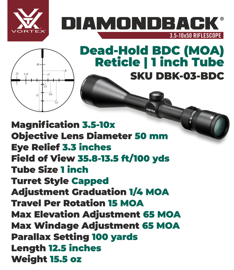 Vortex Optics Diamondback 3.5-10x50 SFP Riflescope Dead-Hold BDC Reticle, 1inch