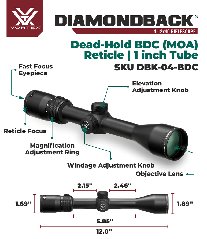 Vortex Optics Diamondback 4-12X40 SFP Riflescope Dead-Hold BDC Reticle, 1inch